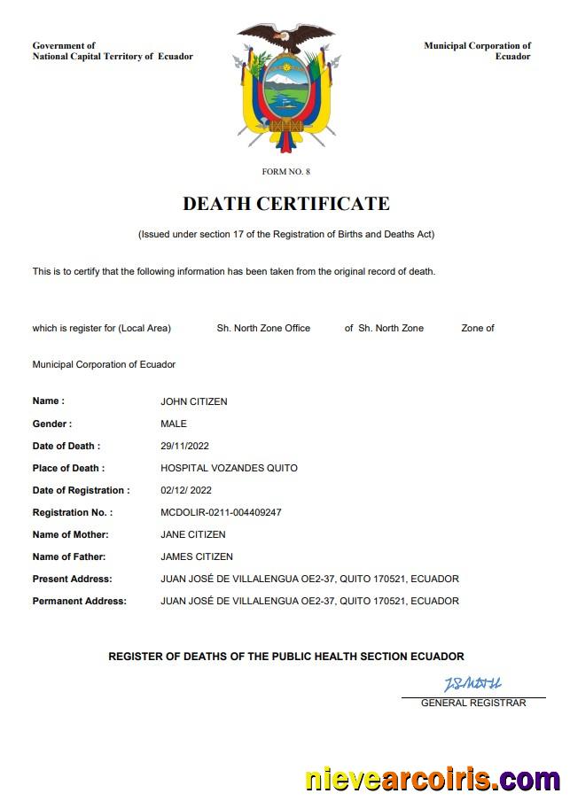 Ecuador vital record death certificate